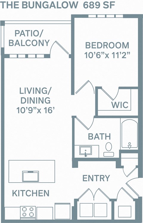 Floor plan for 1 bed, 1 bath, 689 sqft